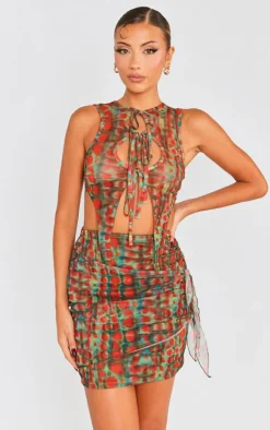 Khaki Animal Print Sheer Mesh Tie Up Bodycon Dress