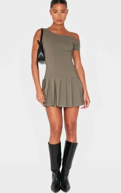 Khaki Asymmetric Bengaline Pleated Shift Dress