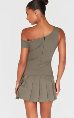 Khaki Asymmetric Bengaline Pleated Shift Dress