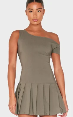 Khaki Asymmetric Bengaline Pleated Shift Dress