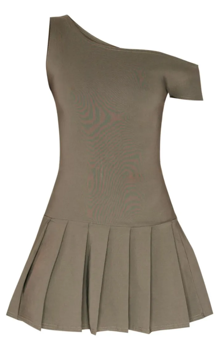 Khaki Asymmetric Bengaline Pleated Shift Dress