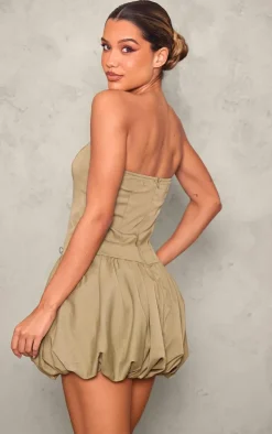 Khaki Bandeau Boned Puffball Mini Dress