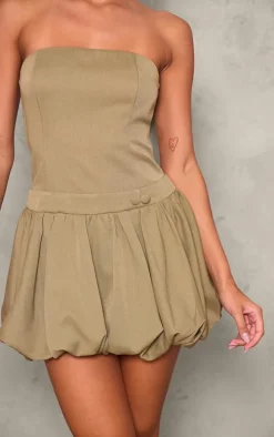 Khaki Bandeau Boned Puffball Mini Dress