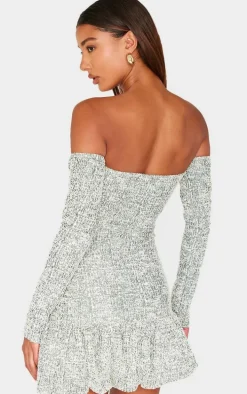 Khaki Bardot Boucle Puffball Mini Dress