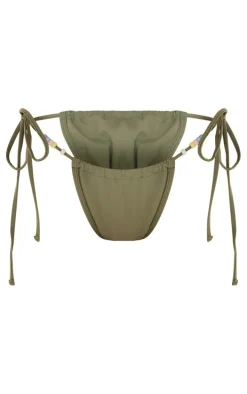 Khaki Beaded Strap Ruched Tie Side Bikini Bottoms