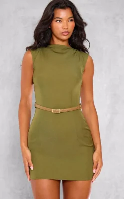 Khaki Belted Boat Neck Mini Dress
