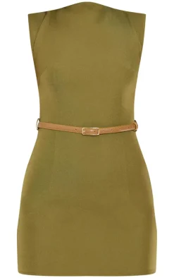 Khaki Belted Boat Neck Mini Dress