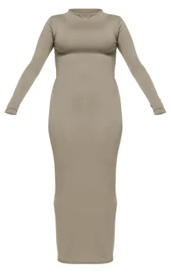 Khaki Boat Neck Split Maxi Dress