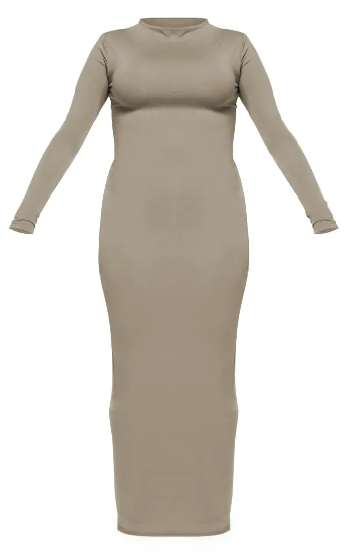 Khaki Boat Neck Split Maxi Dress