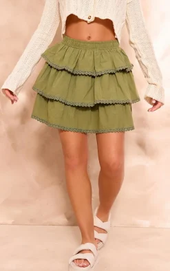 Khaki Broderie Trim Tiered Mini Skirt
