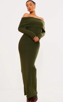Khaki Brushed Rib Oversized Bardot Maxi Dress