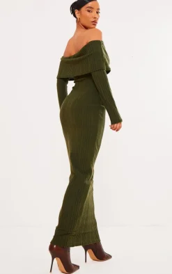 Khaki Brushed Rib Oversized Bardot Maxi Dress
