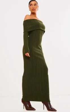 Khaki Brushed Rib Oversized Bardot Maxi Dress