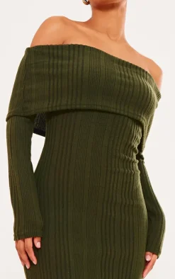 Khaki Brushed Rib Oversized Bardot Maxi Dress