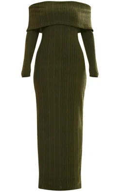 Khaki Brushed Rib Oversized Bardot Maxi Dress