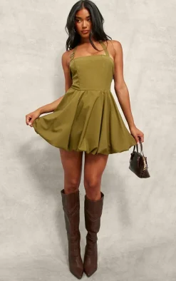 Khaki Buckle Detail Halterneck Puffball Mini Dress
