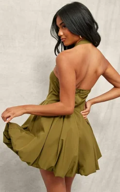 Khaki Buckle Detail Halterneck Puffball Mini Dress