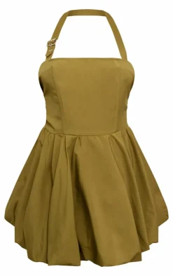Khaki Buckle Detail Halterneck Puffball Mini Dress