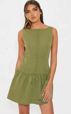 Khaki Button Down Scoop Back Shift Dress