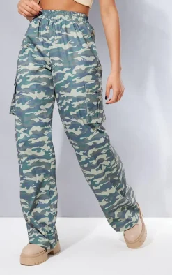 Khaki Camo Print Wide Leg Cargo Pants