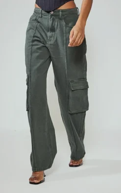 Khaki Cargo Pocket Detail Baggy Boyfriend Jeans