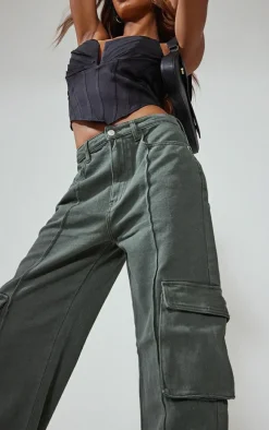 Khaki Cargo Pocket Detail Baggy Boyfriend Jeans