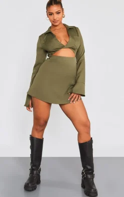 Khaki Collar Detail Cut Out Flare Sleeve Shift Dress
