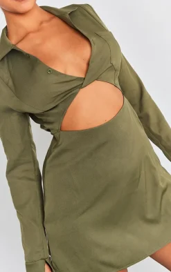 Khaki Collar Detail Cut Out Flare Sleeve Shift Dress