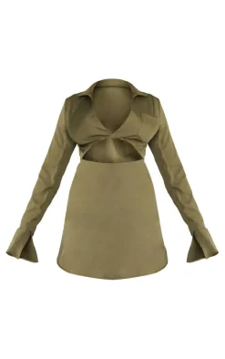 Khaki Collar Detail Cut Out Flare Sleeve Shift Dress