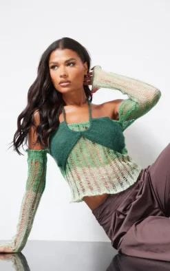 Khaki Contrast Eyelash Knit Top With Sleeves