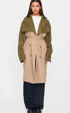 Khaki Contrast Oversized Belted Midi Trench Coat