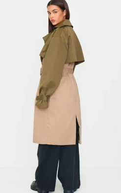 Khaki Contrast Oversized Belted Midi Trench Coat