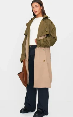 Khaki Contrast Oversized Belted Midi Trench Coat