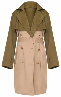Khaki Contrast Oversized Belted Midi Trench Coat