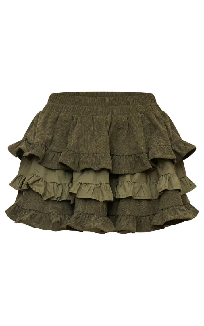 Khaki Cord Frill Rara Mini Skirt