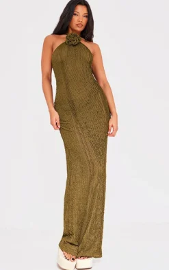 Khaki Corsage Detail Halterneck Maxi Dress