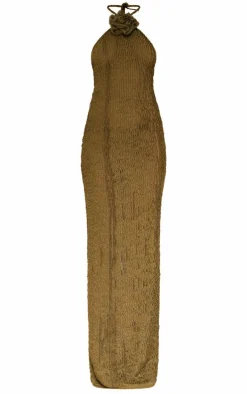 Khaki Corsage Detail Halterneck Maxi Dress