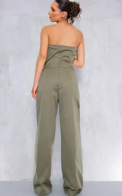 Khaki Corset Detail Utility Flared Bandeau Jumpsuit