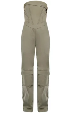Khaki Corset Detail Utility Flared Bandeau Jumpsuit