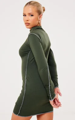 Khaki Cotton Contrast Seam Long Sleeve Bodycon Dress