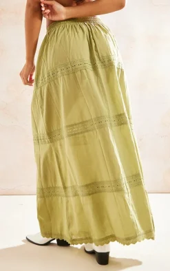 Khaki Cotton Lace Detail Maxi Skirt