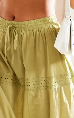 Khaki Cotton Lace Detail Maxi Skirt