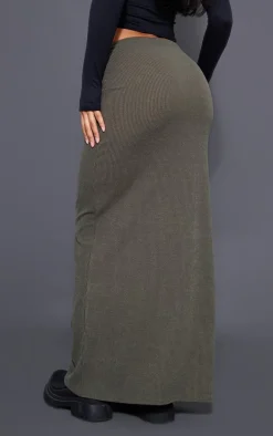 Khaki Crinkle Rib Curved Waist Maxi Skirt