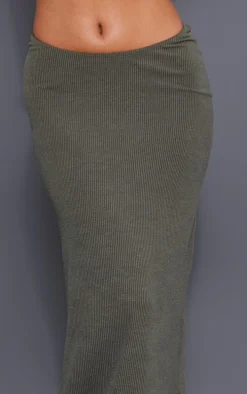 Khaki Crinkle Rib Curved Waist Maxi Skirt