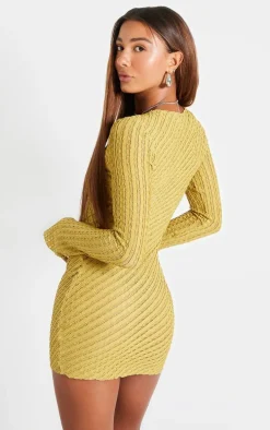 Khaki Crinkle Texture Long Sleeve Bodycon Dress