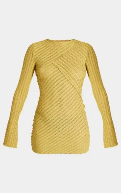 Khaki Crinkle Texture Long Sleeve Bodycon Dress