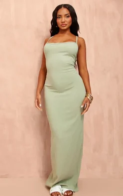 Khaki Crinkle Textured Contrast Strappy Maxi Dress