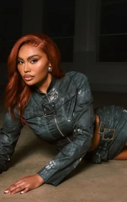 Khaki Croc Print Buckle Detail Mini Skirt