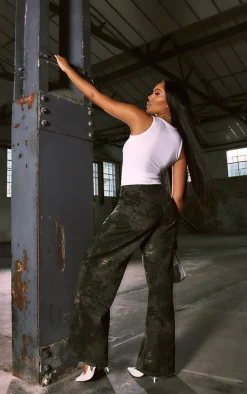 Khaki Croc Print Cargo Wide Leg Pants