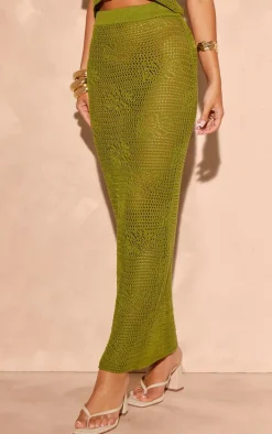Khaki Crochet Floral Knit Maxi Skirt